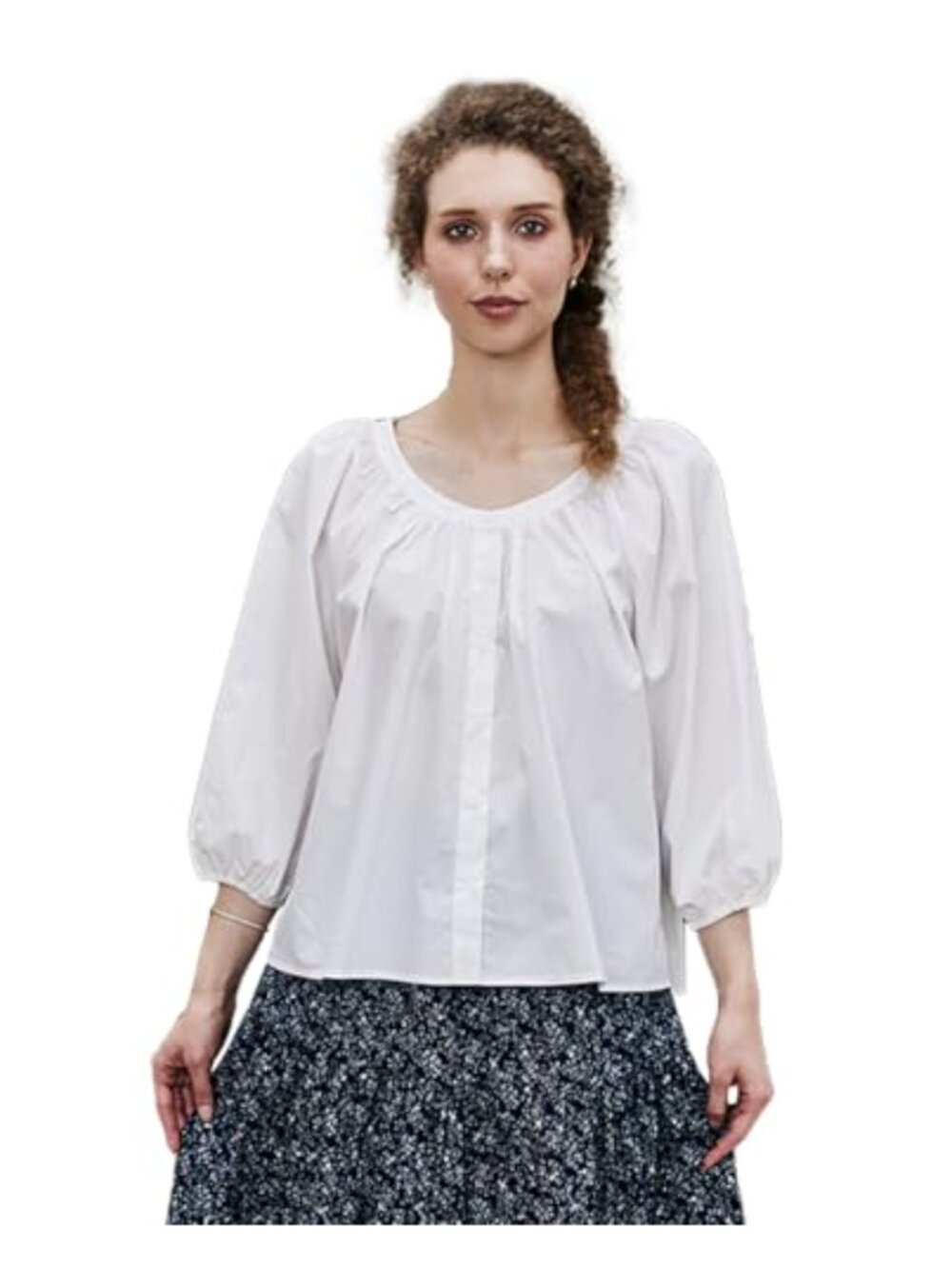 Women's Victorian Cotton Blouse 3/4 Puff Sleeve Peter Pan Collar Top